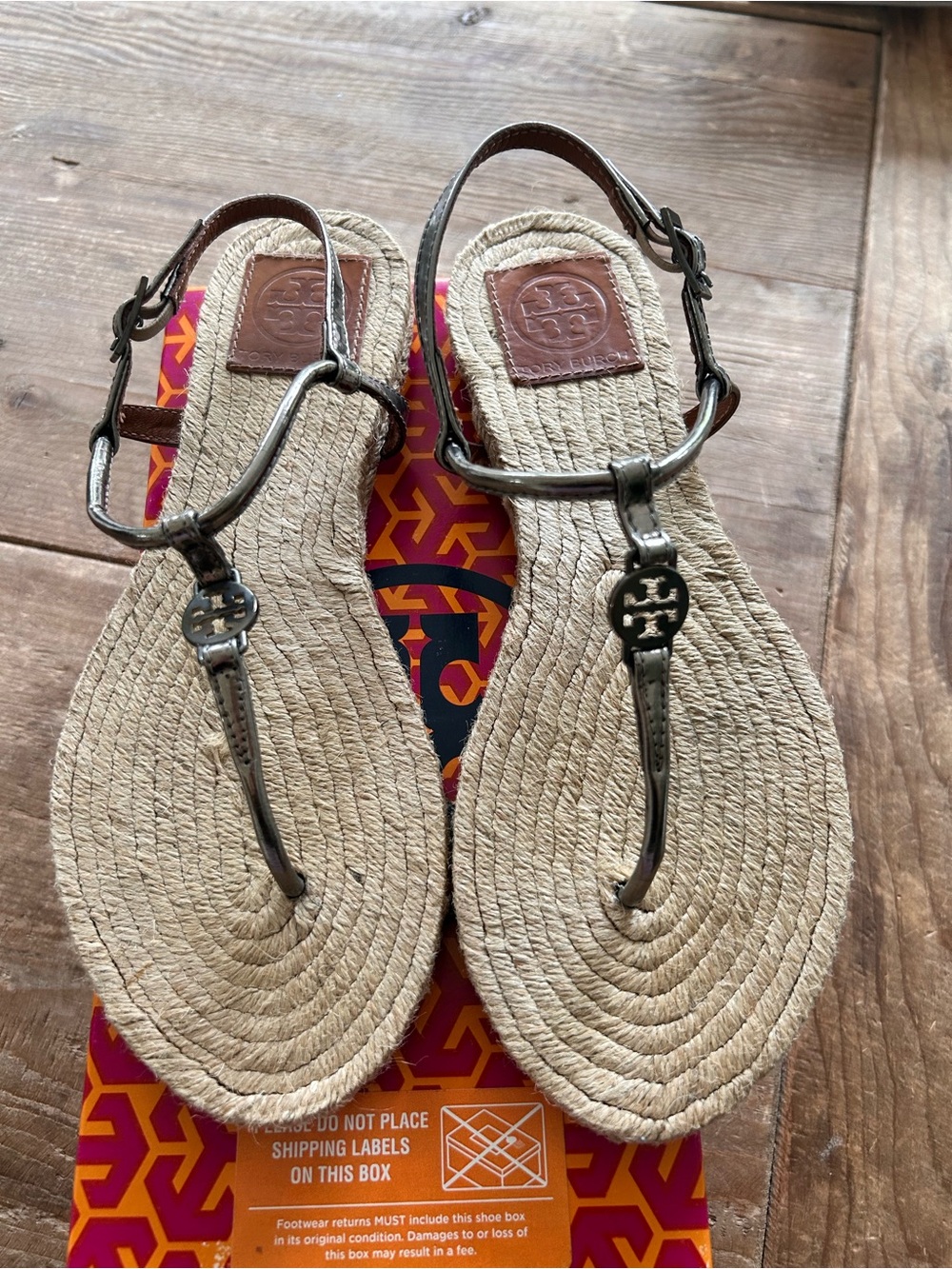 Tory Burch Metallic Silver Leather Espadrille Thong Sandals with Natural Jute